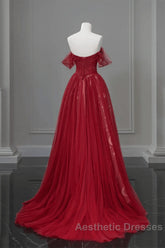 Wine Red A-Line Tulle Sweetheart Floor Length Party Dresses, Wine Red Tulle Evening Prom Dresses